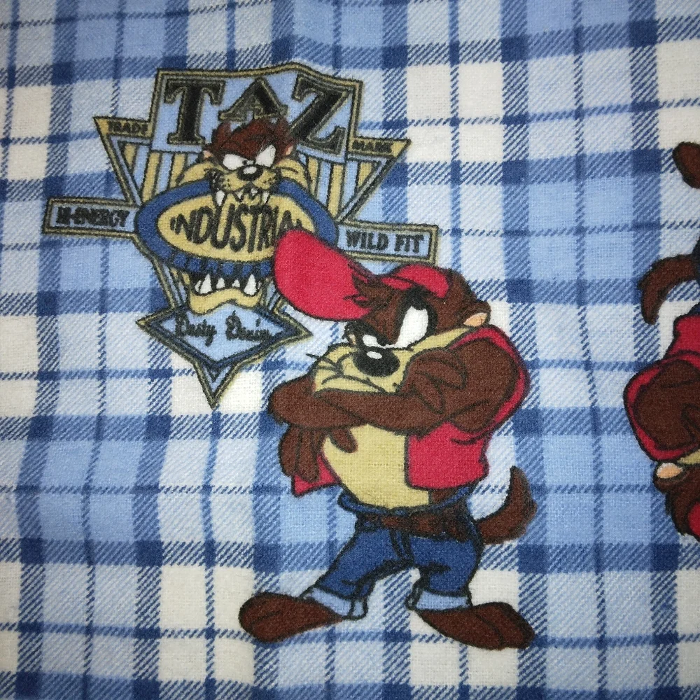 FABRIC Tasmanian Devil On Blue Plaid Flannel, Warner Brothers Licensed, c. 1997